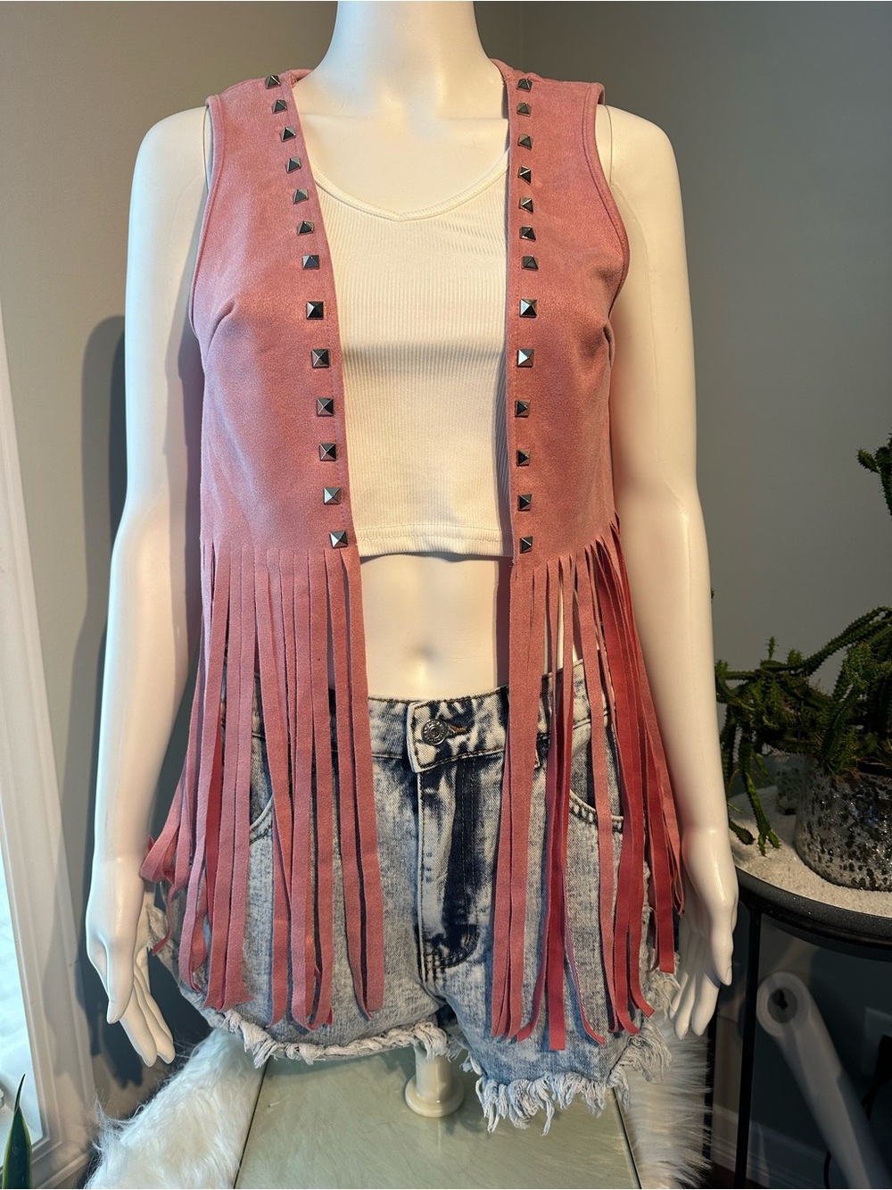 Fringed Stud Suede Vest - Pink
